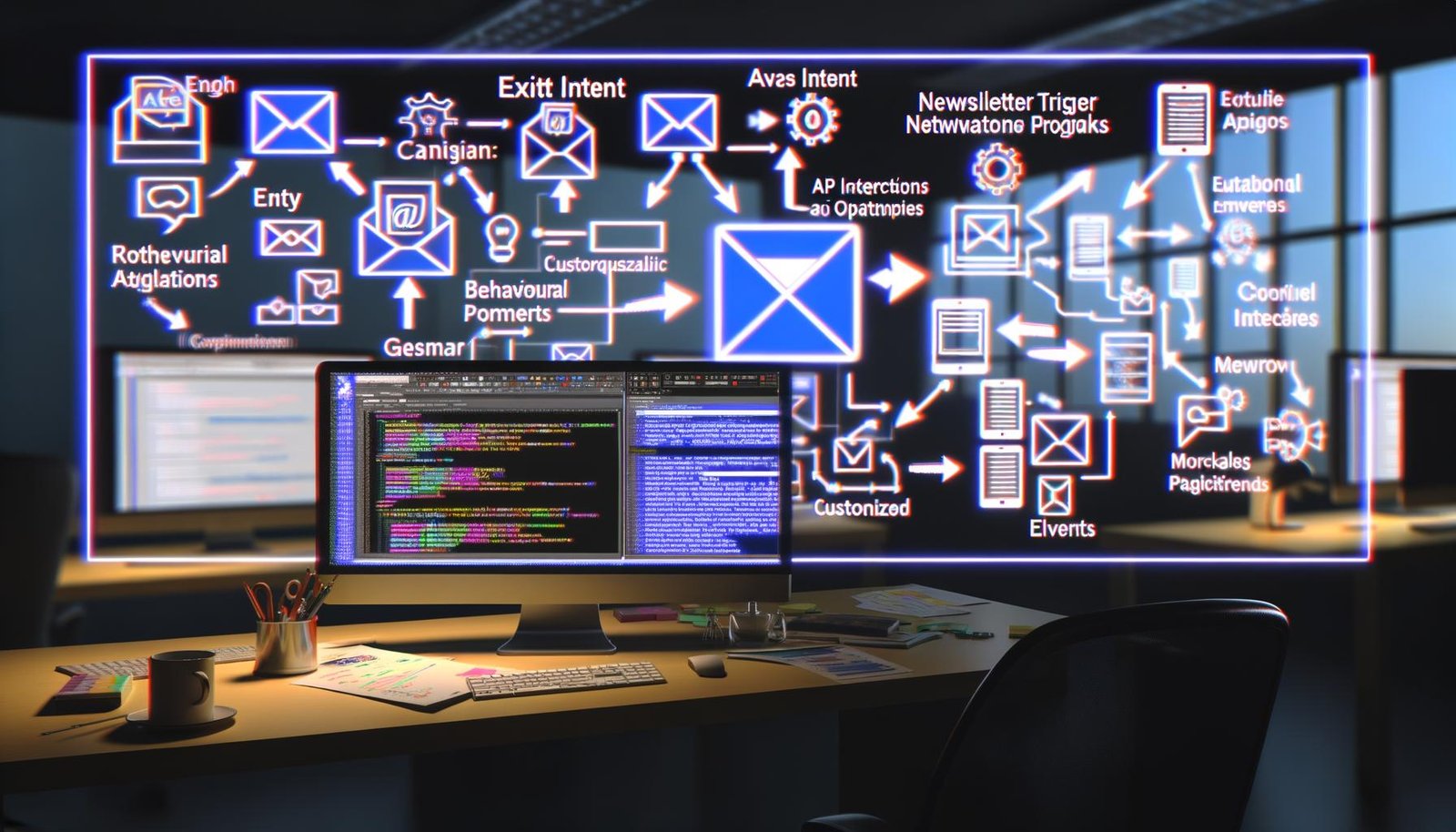 Workspace mit mehreren Monitoren, die Marketing Automations-Workflows in Webflow, Zapier, Make, n8n und Newsletter-Plattformen mit Datenströmen und Auslöser-Icons zeigen.
