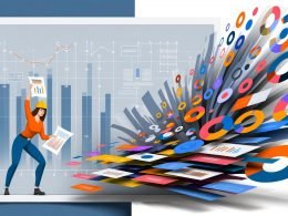 Minimalistisches Flat-Design mit einer entschlossenen Person, die aus überlappenden Dashboards geordnete Grundlagen für ein digitales Gebäude schafft. KPIs, Zahlen und farbenfrohe Graphen fließen heraus. Frische Blau-, Orange- und Weißtöne betonen den modernen Look.