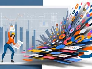 Minimalistisches Flat-Design mit einer entschlossenen Person, die aus überlappenden Dashboards geordnete Grundlagen für ein digitales Gebäude schafft. KPIs, Zahlen und farbenfrohe Graphen fließen heraus. Frische Blau-, Orange- und Weißtöne betonen den modernen Look.