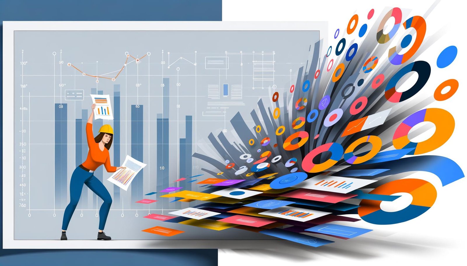 Minimalistisches Flat-Design mit einer entschlossenen Person, die aus überlappenden Dashboards geordnete Grundlagen für ein digitales Gebäude schafft. KPIs, Zahlen und farbenfrohe Graphen fließen heraus. Frische Blau-, Orange- und Weißtöne betonen den modernen Look.