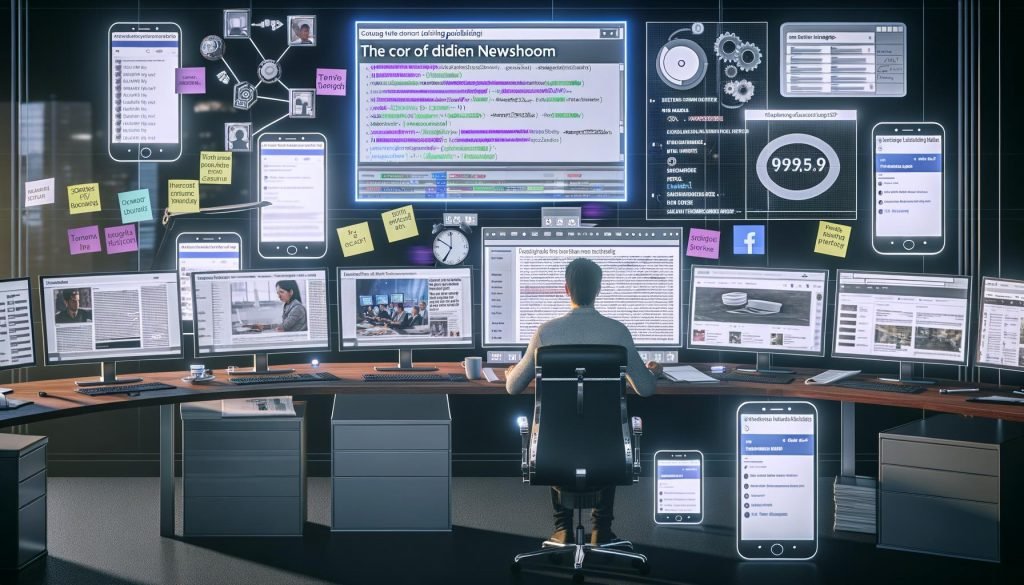 Publisher arbeitet an großem Monitor mit technischen Checklisten, HTML-Markup und Analytics-Dashboards, umgeben von mobilen Geräten mit geladenen Facebook Instant Articles und modernen Publishing-Tools in einem futuristischen Newsroom.
