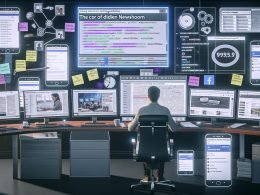 Publisher arbeitet an großem Monitor mit technischen Checklisten, HTML-Markup und Analytics-Dashboards, umgeben von mobilen Geräten mit geladenen Facebook Instant Articles und modernen Publishing-Tools in einem futuristischen Newsroom.