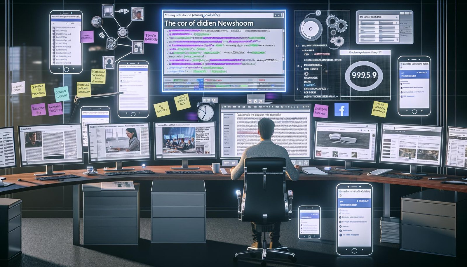 Publisher arbeitet an großem Monitor mit technischen Checklisten, HTML-Markup und Analytics-Dashboards, umgeben von mobilen Geräten mit geladenen Facebook Instant Articles und modernen Publishing-Tools in einem futuristischen Newsroom.