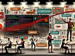 Redaktionelle Illustration eines modernen, kreativen Data-Storytelling-Workspace mit großen digitalen Screens, interaktiven Datenvisualisierungen, Post-its und diversen Teammitgliedern bei gemeinsamer Arbeit.