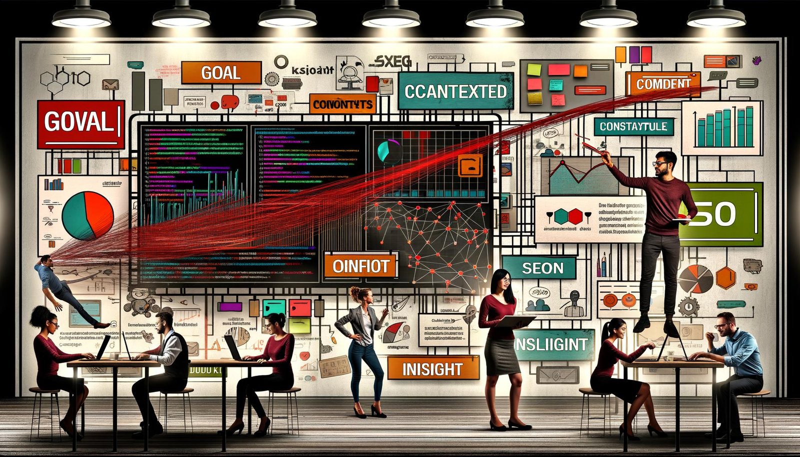 Redaktionelle Illustration eines modernen, kreativen Data-Storytelling-Workspace mit großen digitalen Screens, interaktiven Datenvisualisierungen, Post-its und diversen Teammitgliedern bei gemeinsamer Arbeit.