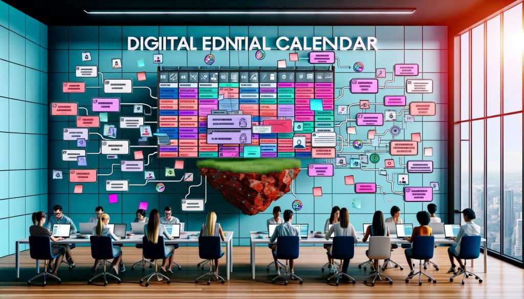 Dynamische Szene eines modernen Marketingbüros mit großem digitalen Redaktionskalender, bunten Themenkarten, Autorenprofilen und einem schwebenden Content-Ökosystem, umgeben von Datenströmen und KI-Symbolen.