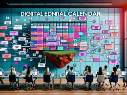 Dynamische Szene eines modernen Marketingbüros mit großem digitalen Redaktionskalender, bunten Themenkarten, Autorenprofilen und einem schwebenden Content-Ökosystem, umgeben von Datenströmen und KI-Symbolen.