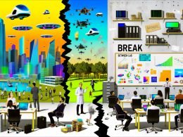 Moderne digitale Collagen mit kontrastreichen Szenen zwischen futuristischen Technologiewelten, Startups, KI-Modellen, Hype-Kultur und realistischem Büroalltag, illustriert von Tobias Hager für das 404 Magazine.