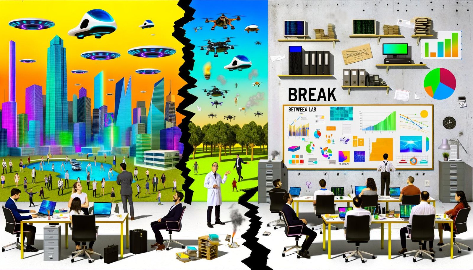 Moderne digitale Collagen mit kontrastreichen Szenen zwischen futuristischen Technologiewelten, Startups, KI-Modellen, Hype-Kultur und realistischem Büroalltag, illustriert von Tobias Hager für das 404 Magazine.