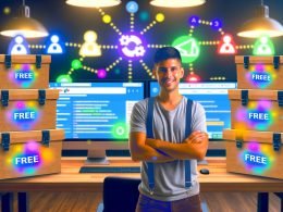 SEO-Experte an einem Schreibtisch mit mehreren Monitoren zeigt kostenlose SEO-Tools wie Google Search Console, Ubersuggest, Ahrefs Free Tools und Screaming Frog, davor bunte digitale Werkzeugkoffer, im Hintergrund Premium-Suites mit Preisschildern.