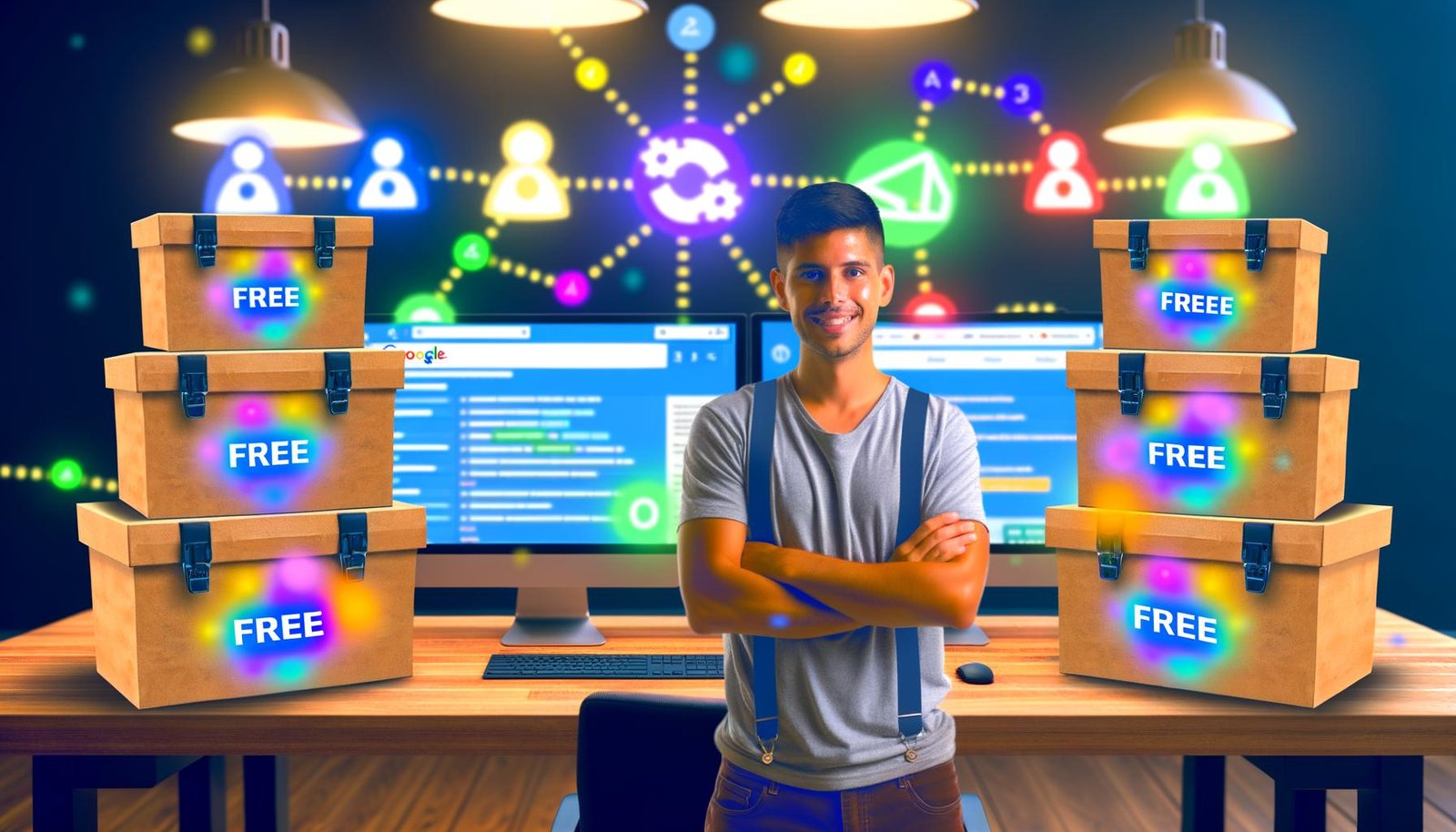 SEO-Experte an einem Schreibtisch mit mehreren Monitoren zeigt kostenlose SEO-Tools wie Google Search Console, Ubersuggest, Ahrefs Free Tools und Screaming Frog, davor bunte digitale Werkzeugkoffer, im Hintergrund Premium-Suites mit Preisschildern.