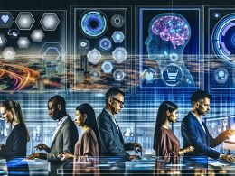 Futuristisches Büro mit multikulturellem Marketingteam, das dynamische Daten auf transparenten, leuchtenden Dashboards und holografische Grafiken in intensiver High-Tech-Umgebung analysiert.