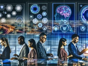 Futuristisches Büro mit multikulturellem Marketingteam, das dynamische Daten auf transparenten, leuchtenden Dashboards und holografische Grafiken in intensiver High-Tech-Umgebung analysiert.