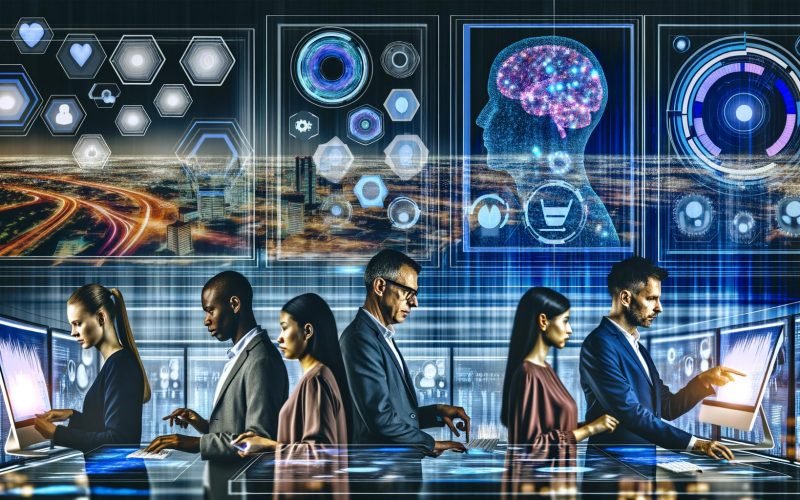 Futuristisches Büro mit multikulturellem Marketingteam, das dynamische Daten auf transparenten, leuchtenden Dashboards und holografische Grafiken in intensiver High-Tech-Umgebung analysiert.