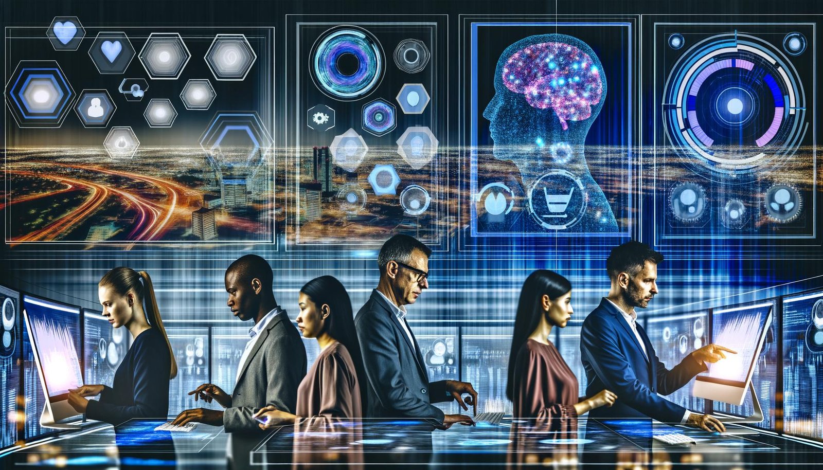 Futuristisches Büro mit multikulturellem Marketingteam, das dynamische Daten auf transparenten, leuchtenden Dashboards und holografische Grafiken in intensiver High-Tech-Umgebung analysiert.