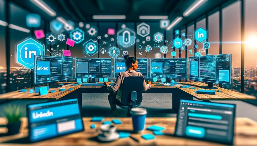 Marketingfachkraft arbeitet in einem modernen Büro mit Monitoren, LinkedIn-Oberflächen, Analysediagrammen und Workflow-Tools.