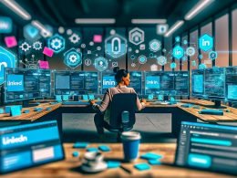 Marketingfachkraft arbeitet in einem modernen Büro mit Monitoren, LinkedIn-Oberflächen, Analysediagrammen und Workflow-Tools.