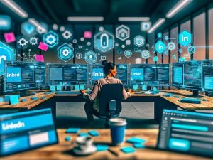 Marketingfachkraft arbeitet in einem modernen Büro mit Monitoren, LinkedIn-Oberflächen, Analysediagrammen und Workflow-Tools.