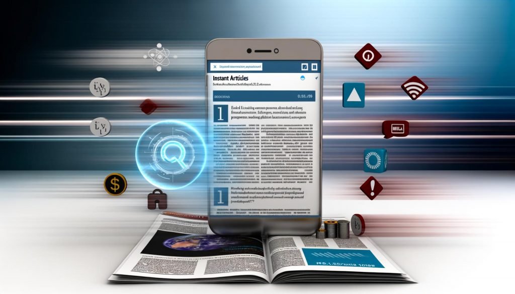 Smartphone mit geöffneter Facebook-App und Instant Article, umgeben von schwebenden Codes, Icons und Warnsymbolen vor unscharfem Hintergrund im tech-affinen Magazin-Stil.