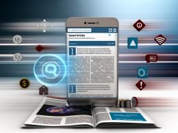 Smartphone mit geöffneter Facebook-App und Instant Article, umgeben von schwebenden Codes, Icons und Warnsymbolen vor unscharfem Hintergrund im tech-affinen Magazin-Stil.