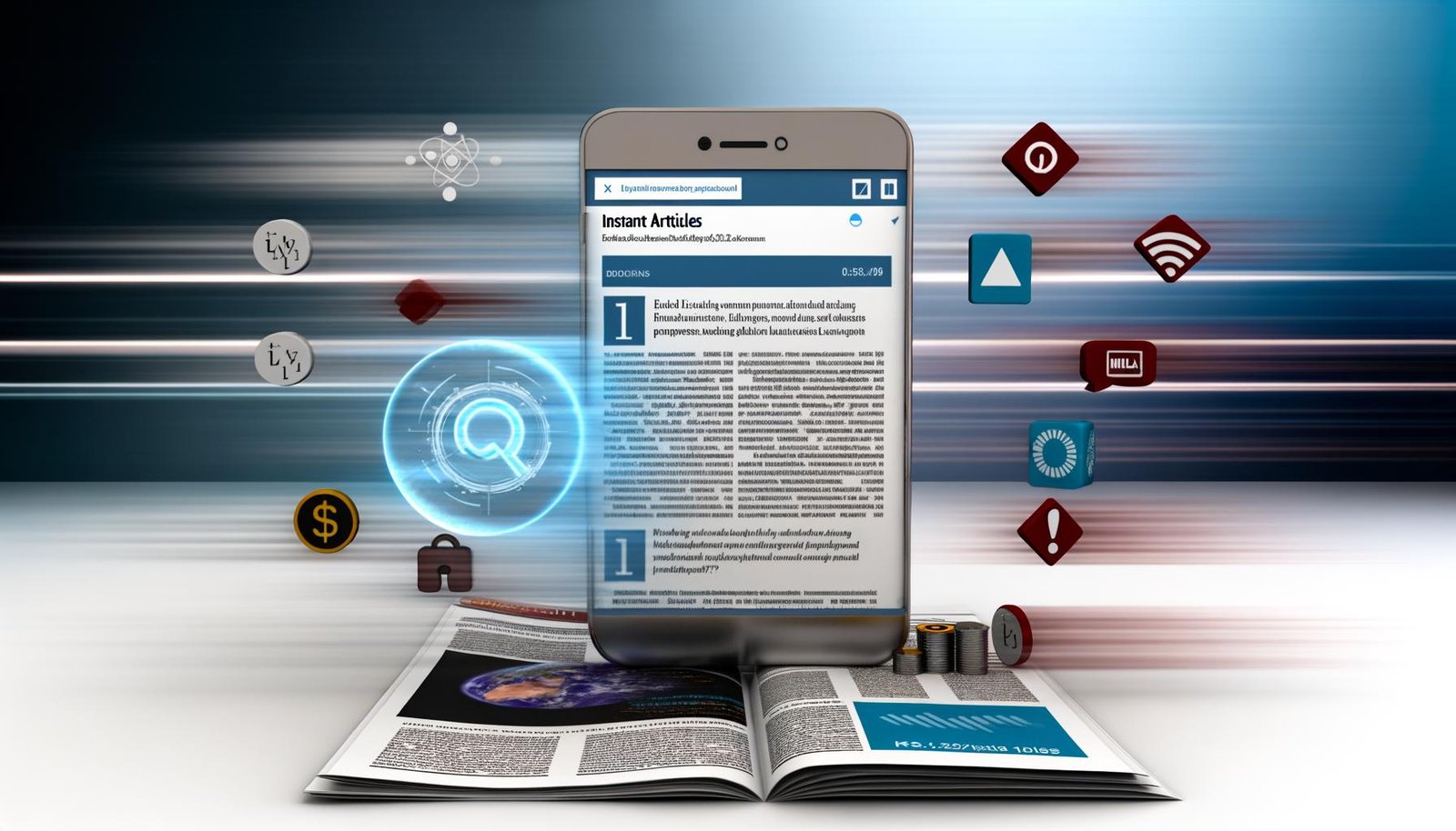 Smartphone mit geöffneter Facebook-App und Instant Article, umgeben von schwebenden Codes, Icons und Warnsymbolen vor unscharfem Hintergrund im tech-affinen Magazin-Stil.