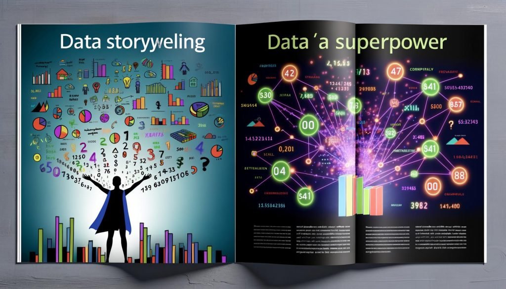 Person befreit Zahlen und Diagramme aus einem dunklen Excel-Bereich in eine farbenfrohe, klar geordnete Welt mit Datenvisualisierungen, Story-Pfaden und Data-Dashboards.