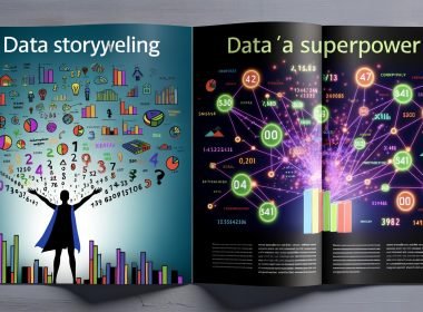 Person befreit Zahlen und Diagramme aus einem dunklen Excel-Bereich in eine farbenfrohe, klar geordnete Welt mit Datenvisualisierungen, Story-Pfaden und Data-Dashboards.