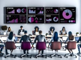 Fokussiertes Marketing-Team analysiert Editorial Content KPIs und Dashboards in einem modernen Büro mit Whiteboard und Monitoren.