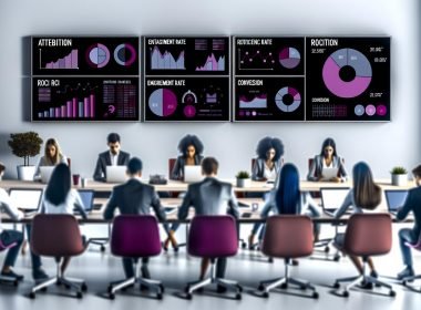 Fokussiertes Marketing-Team analysiert Editorial Content KPIs und Dashboards in einem modernen Büro mit Whiteboard und Monitoren.