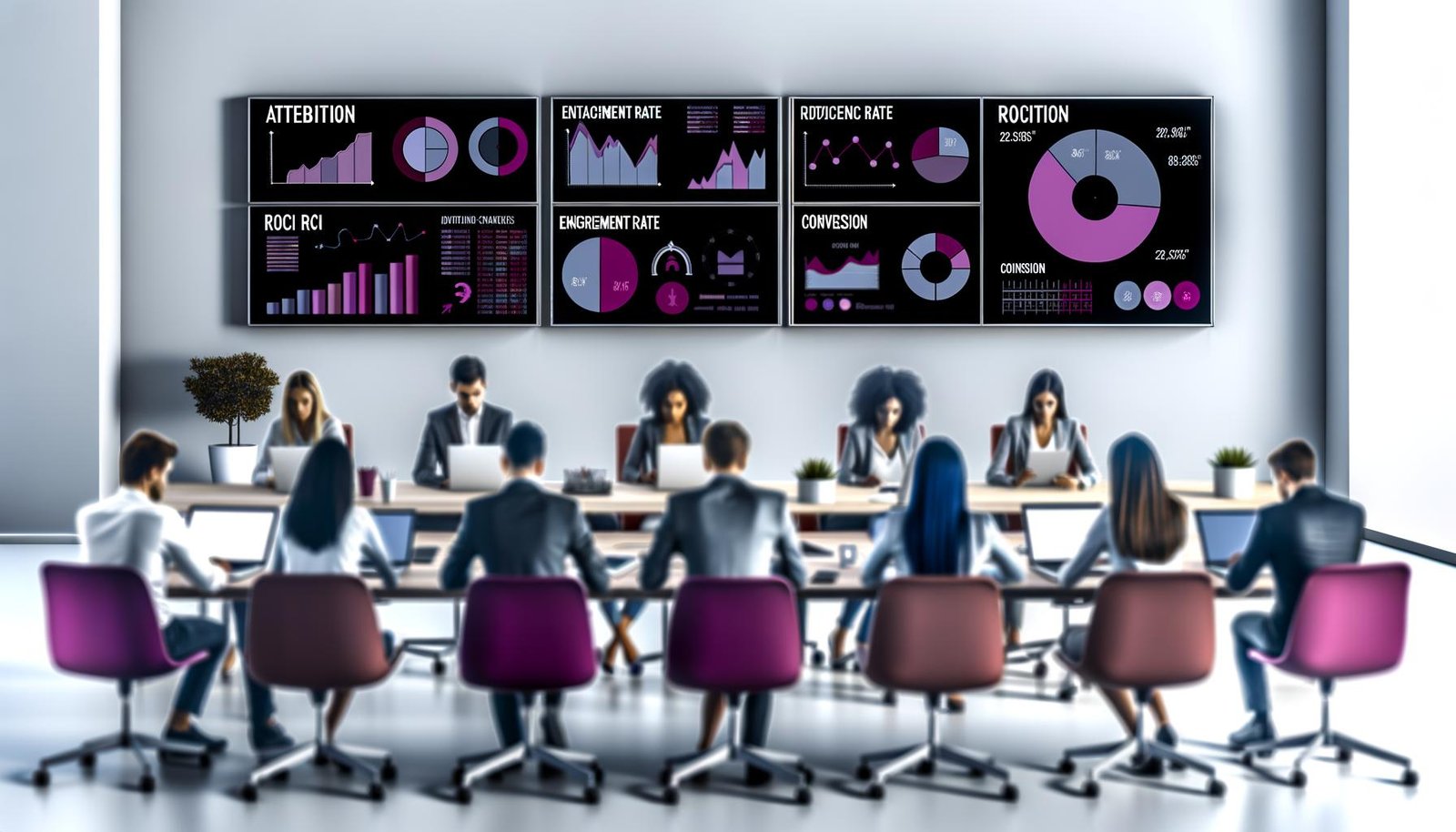 Fokussiertes Marketing-Team analysiert Editorial Content KPIs und Dashboards in einem modernen Büro mit Whiteboard und Monitoren.