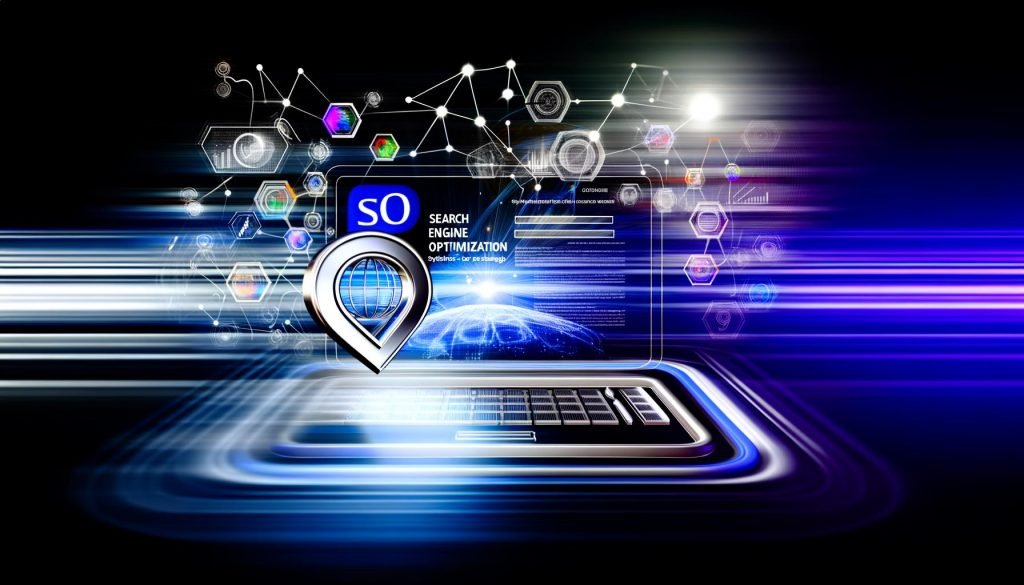 Futuristisches Magazincover mit stylisiertem Laptop, darauf komplexe SEO-Grafiken, Core Web Vitals und Ranking-Kurven, im Hintergrund digitale Serpentinen und Crawler-Icons, in energiegeladener, analytischer Atmosphäre.