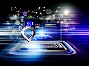 Futuristisches Magazincover mit stylisiertem Laptop, darauf komplexe SEO-Grafiken, Core Web Vitals und Ranking-Kurven, im Hintergrund digitale Serpentinen und Crawler-Icons, in energiegeladener, analytischer Atmosphäre.