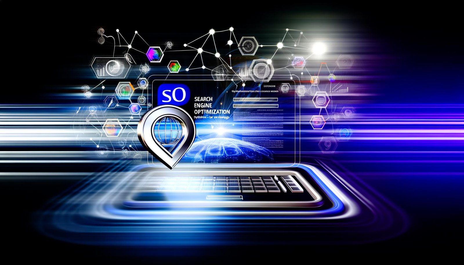 Futuristisches Magazincover mit stylisiertem Laptop, darauf komplexe SEO-Grafiken, Core Web Vitals und Ranking-Kurven, im Hintergrund digitale Serpentinen und Crawler-Icons, in energiegeladener, analytischer Atmosphäre.
