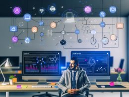 Person in modernem Büro vor Monitoren mit Dashboards, schwebenden API-Icons und Diagrammen, die smarte Automatisierung und Webflow Reporting symbolisieren.