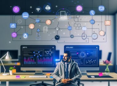 Person in modernem Büro vor Monitoren mit Dashboards, schwebenden API-Icons und Diagrammen, die smarte Automatisierung und Webflow Reporting symbolisieren.