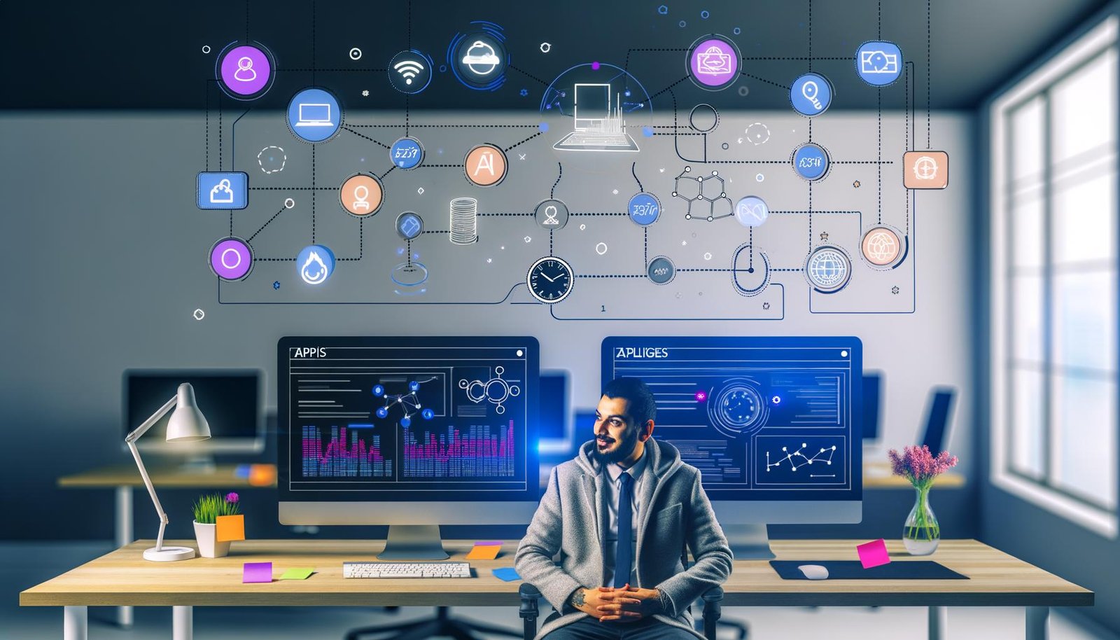 Person in modernem Büro vor Monitoren mit Dashboards, schwebenden API-Icons und Diagrammen, die smarte Automatisierung und Webflow Reporting symbolisieren.