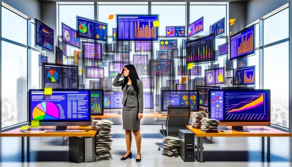 Geschäftsperson in modernem Büro starrt frustriert auf zahlreiche Computermonitore mit farbenfrohen Analyse-Dashboards, umgeben von gedruckten Berichten und Daten-Overlays.