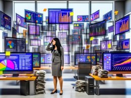 Geschäftsperson in modernem Büro starrt frustriert auf zahlreiche Computermonitore mit farbenfrohen Analyse-Dashboards, umgeben von gedruckten Berichten und Daten-Overlays.