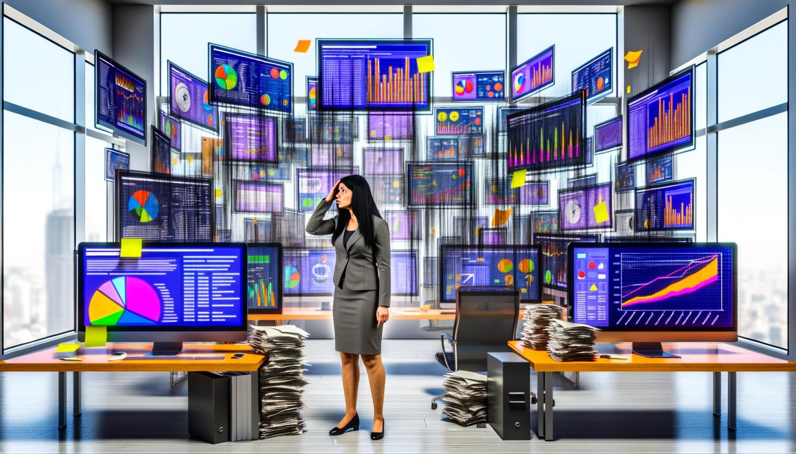 Geschäftsperson in modernem Büro starrt frustriert auf zahlreiche Computermonitore mit farbenfrohen Analyse-Dashboards, umgeben von gedruckten Berichten und Daten-Overlays.