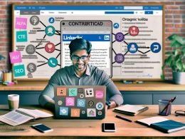 Junge Content-Marketerin am Schreibtisch mit Laptop, LinkedIn Editor, organisiertem Arbeitsplatz und Redaktionsplan mit digitalen Tools im Hintergrund.