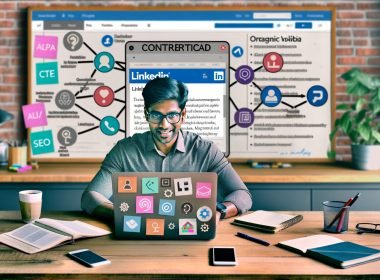 Junge Content-Marketerin am Schreibtisch mit Laptop, LinkedIn Editor, organisiertem Arbeitsplatz und Redaktionsplan mit digitalen Tools im Hintergrund.