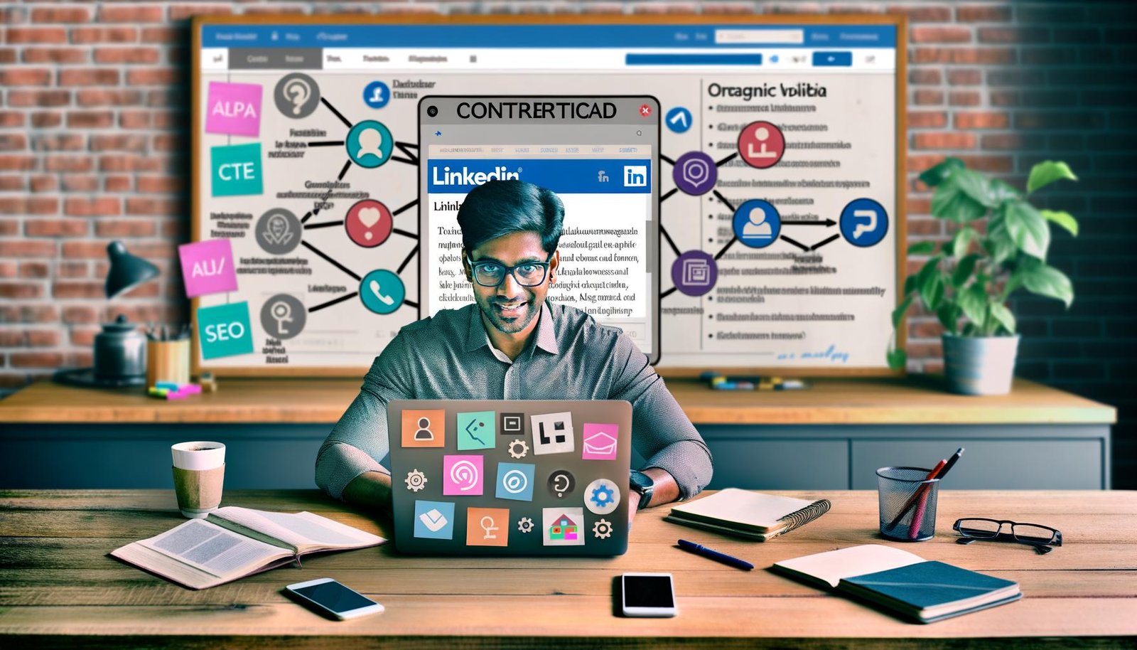 Junge Content-Marketerin am Schreibtisch mit Laptop, LinkedIn Editor, organisiertem Arbeitsplatz und Redaktionsplan mit digitalen Tools im Hintergrund.