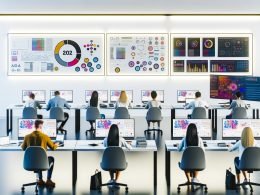 Helles, modernes Büro mit konzentrierten Mitarbeitern, die an Laptops arbeiten, großen Monitoren mit Datenvisualisierungen und einem Whiteboard mit Datenmodell im Vordergrund.