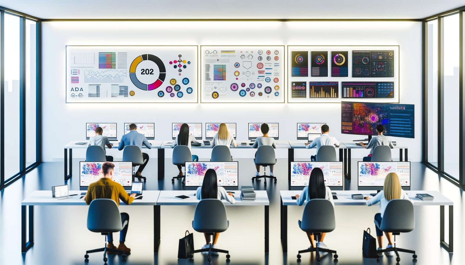 Helles, modernes Büro mit konzentrierten Mitarbeitern, die an Laptops arbeiten, großen Monitoren mit Datenvisualisierungen und einem Whiteboard mit Datenmodell im Vordergrund.