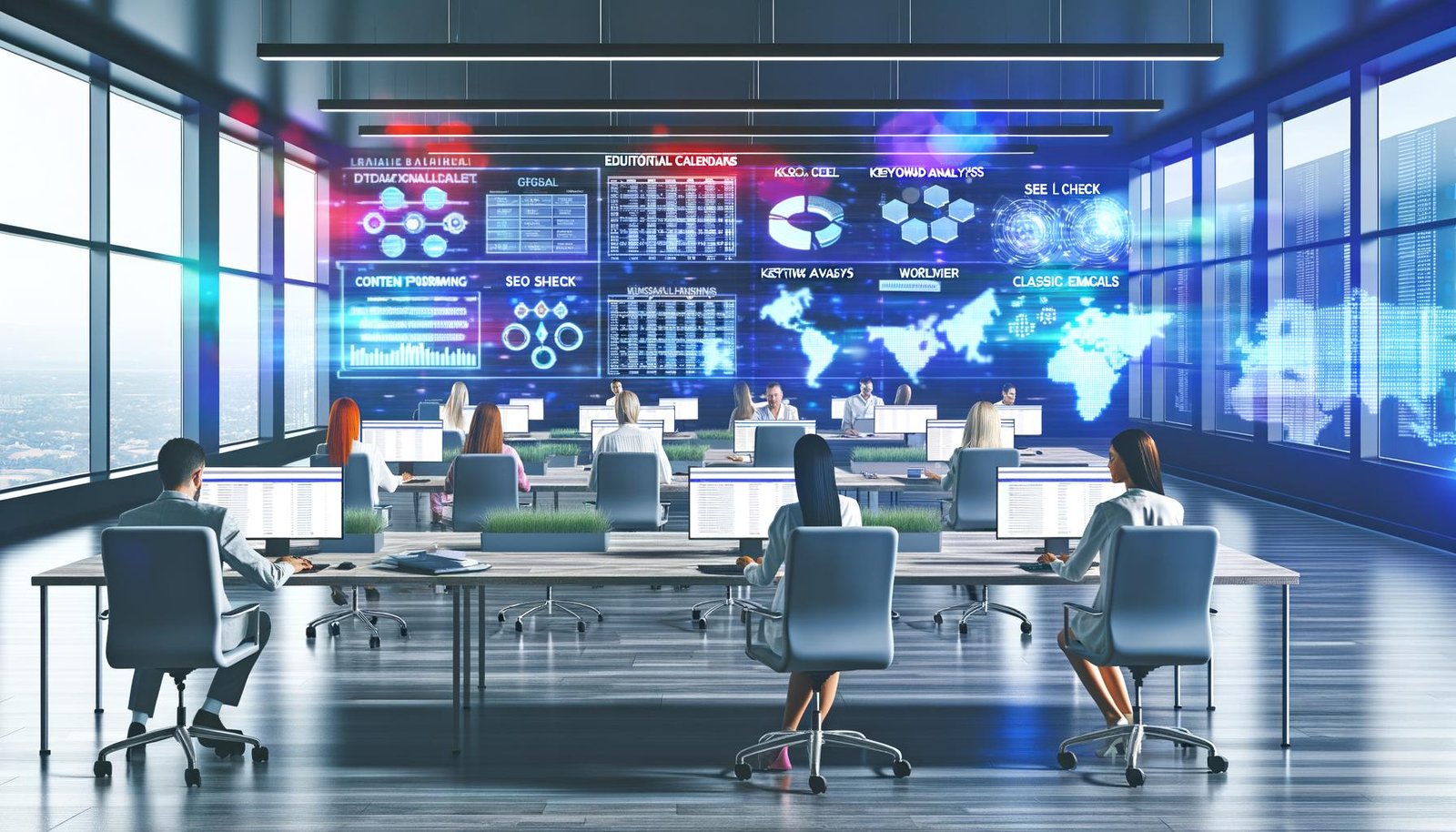 Modernes, hell beleuchtetes Großraumbüro mit Content-Profis an Laptops vor großen Monitoren. Über den Bildschirmen schweben digitale Interfaces wie Redaktionskalender, Workflow- und SEO-Analysen. Im Hintergrund verblassen klassische Tools und Datenvisualisierungen sorgen für eine produktive, futuristische Atmosphäre.