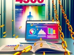 Dynamische Szene mit offenem Laptop und Browser-Tabs zu Free-SEO-Tools, farbigen Datencharts und der Silhouette eines befreiten klassischen SEO-Tools im Hintergrund.