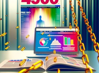 Dynamische Szene mit offenem Laptop und Browser-Tabs zu Free-SEO-Tools, farbigen Datencharts und der Silhouette eines befreiten klassischen SEO-Tools im Hintergrund.