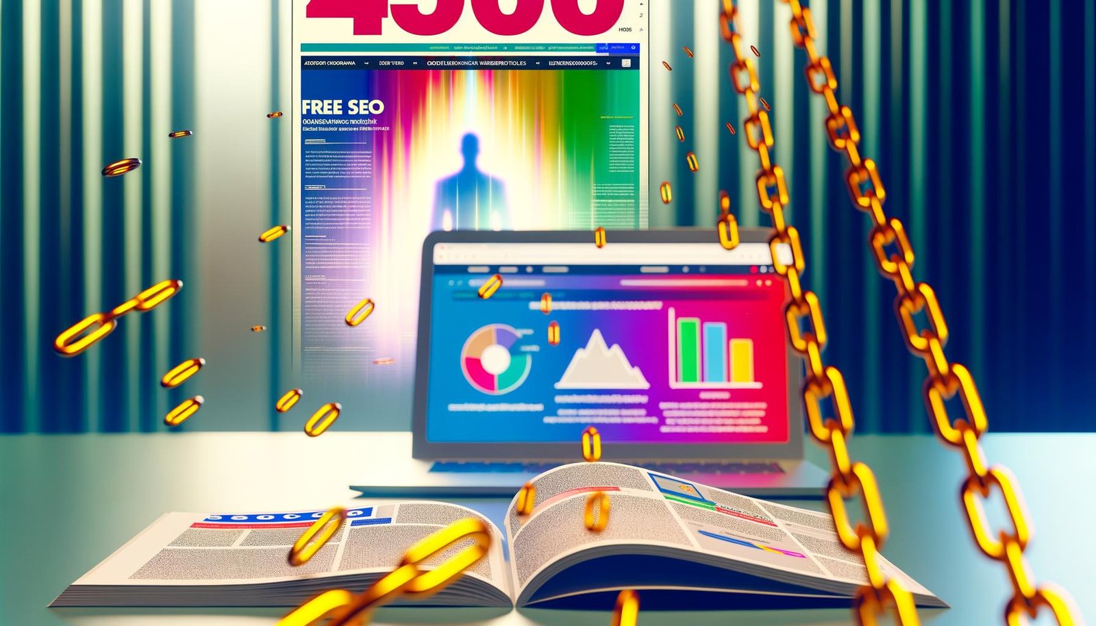 Dynamische Szene mit offenem Laptop und Browser-Tabs zu Free-SEO-Tools, farbigen Datencharts und der Silhouette eines befreiten klassischen SEO-Tools im Hintergrund.
