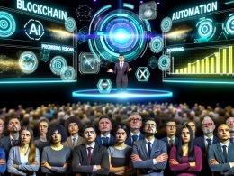Futuristische Konferenzbühne mit Hologrammen und Buzzwords, skeptisches Publikum und Redner mit verblassenden Diagrammen.