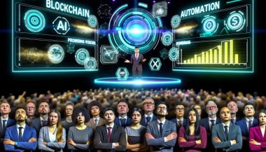 Futuristische Konferenzbühne mit Hologrammen und Buzzwords, skeptisches Publikum und Redner mit verblassenden Diagrammen.